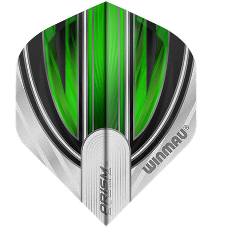 A green, black, and white translucent dart flight with the text 'PRISM Alpha' and 'Daryl Gurney' branding.
