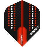 A red and black translucent dart flight with a geometric pattern and the 'Winmau' brand logo.