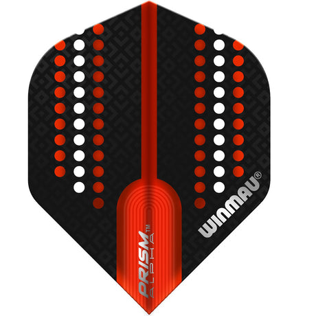 A red and black translucent dart flight with a geometric pattern and the 'Winmau' brand logo.