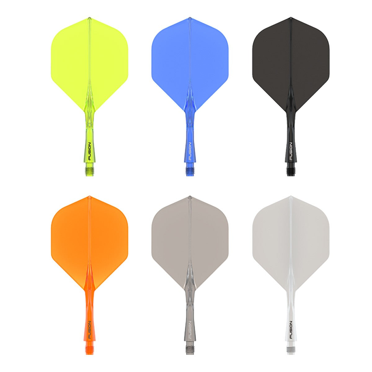 Set of six fusion integrated dart flights in different colors on a white background