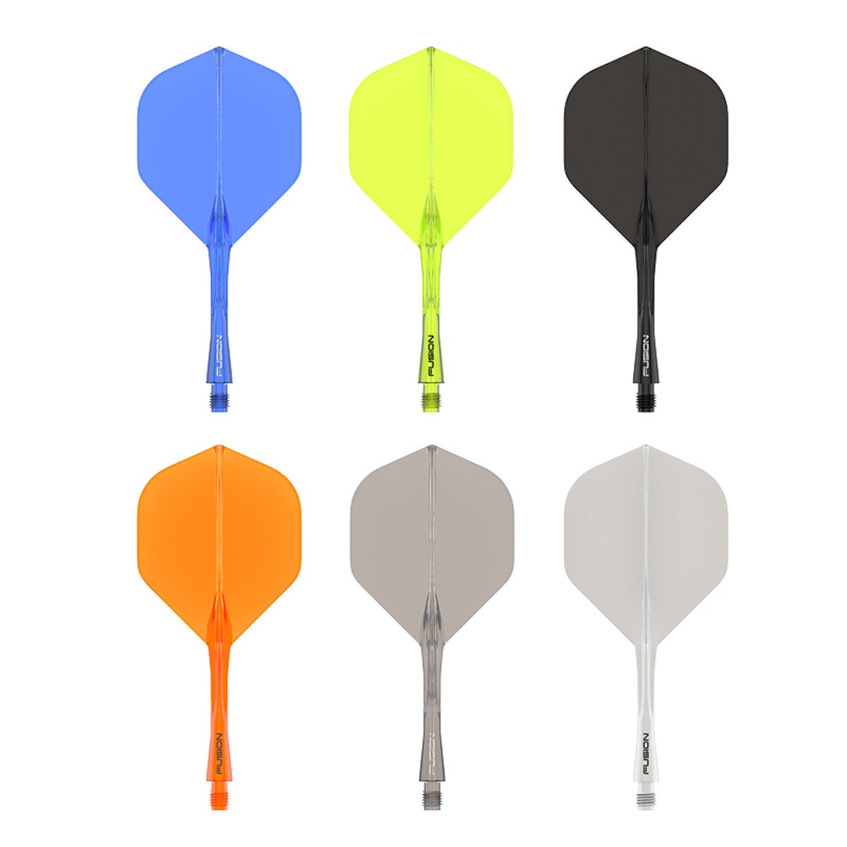 Set of six fusion integrated dart flights in different colors on a white background