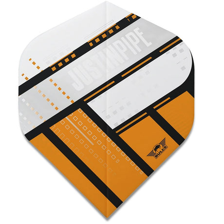 Dart flight with orange, black, and white design on a white background