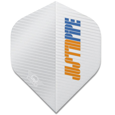 A white dartboard flight with a subtle horizontal ribbed texture, featuring the brand name 'JUST PIPE' printed vertically in blue and orange on the right side.