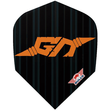 A black dart flight with orange stripes and the text 'GN' on it, along with the logo of Bulls NL.