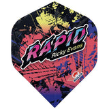 A multicolored dart flight with the text 'RAPID Ricky Evans' on it.