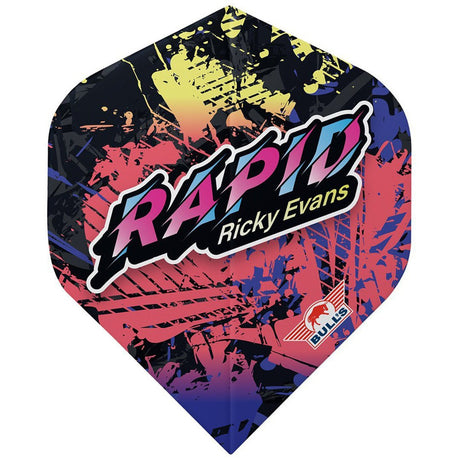 A multicolored dart flight with the text 'RAPID Ricky Evans' on it.