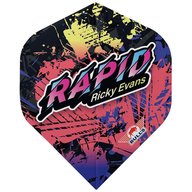 A multicolored dart flight with the text 'RAPID Ricky Evans' on it.