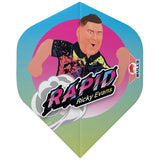 A dart flight with a multicolor design featuring an illustration of a person playing darts and the text 'RAPID Ricky Evans'.