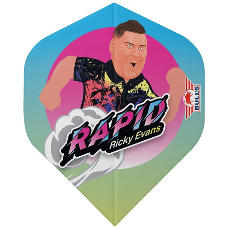 A dart flight with a multicolor design featuring an illustration of a person playing darts and the text 'RAPID Ricky Evans'.