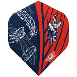 A red and blue dart flight with white feather graphics and the text 'FLIES' and 'BULLS' on it.
