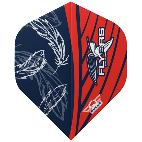 A red and blue dart flight with white feather graphics and the text 'FLIES' and 'BULLS' on it.