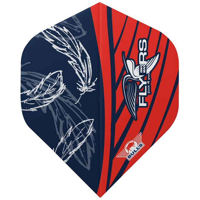 A red and blue dart flight with white feather graphics and the text 'FLIES' and 'BULLS' on it.