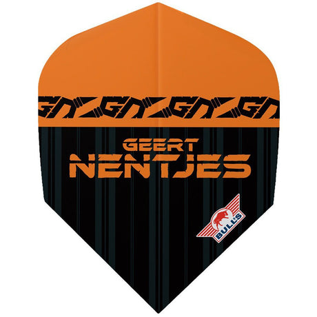 A dart flight with orange and black color scheme, featuring the text 'Geert Nentjes' and the logo of Bulls NL.