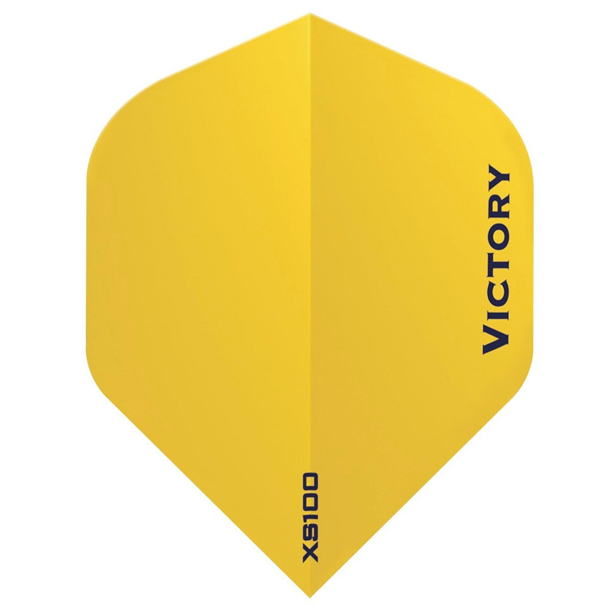 A single bright yellow dart flight with the brand name 'VICTORY' printed vertically in black on the right side and 'XS100' printed near the bottom, shown on a plain white background.