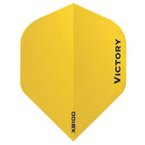 A single bright yellow dart flight with the brand name 'VICTORY' printed vertically in black on the right side and 'XS100' printed near the bottom, shown on a plain white background.