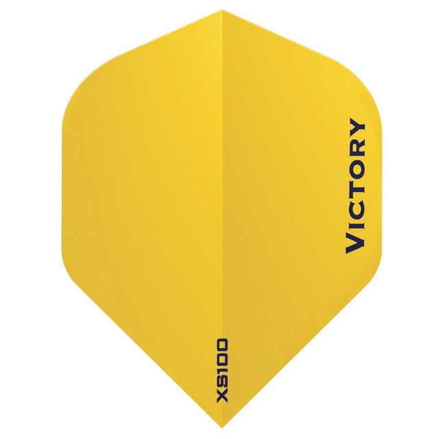 A single bright yellow dart flight with the brand name 'VICTORY' printed vertically in black on the right side and 'XS100' printed near the bottom, shown on a plain white background.