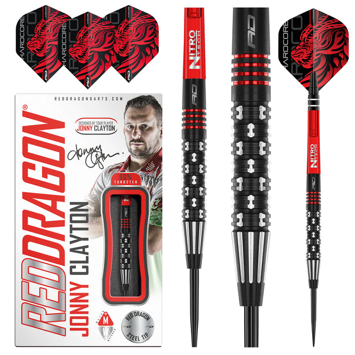 Jonny Clayton Premier League SE 90% Tungsten Steel Tip Darts by Red Dragon - Product box and 3 dart barrels at various zoom levels.