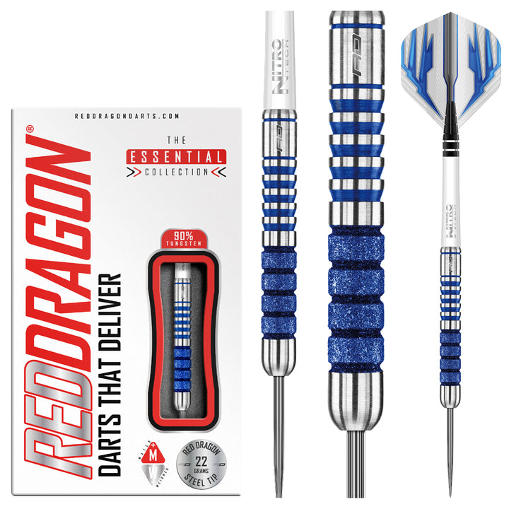 Colin Lloyd Element 90% Tungsten Steel Tip Darts by Red Dragon - Product box and 3 dart barrels at various zoom levels.