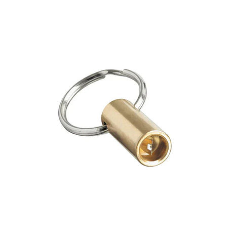 A tool with a gold-colored extractor at the end, attached to a silver keyring.