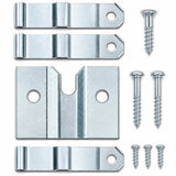 Metal brackets and screws on a white background