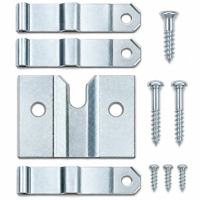 Metal brackets and screws on a white background