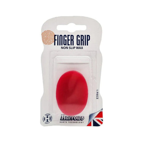 A red finger grip non-slip dart wax in a clear plastic packaging with Harrows branding.