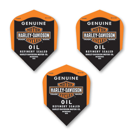 ThreeHarley Davidson branded dart flights with orange, black, and white color scheme and text detailing.