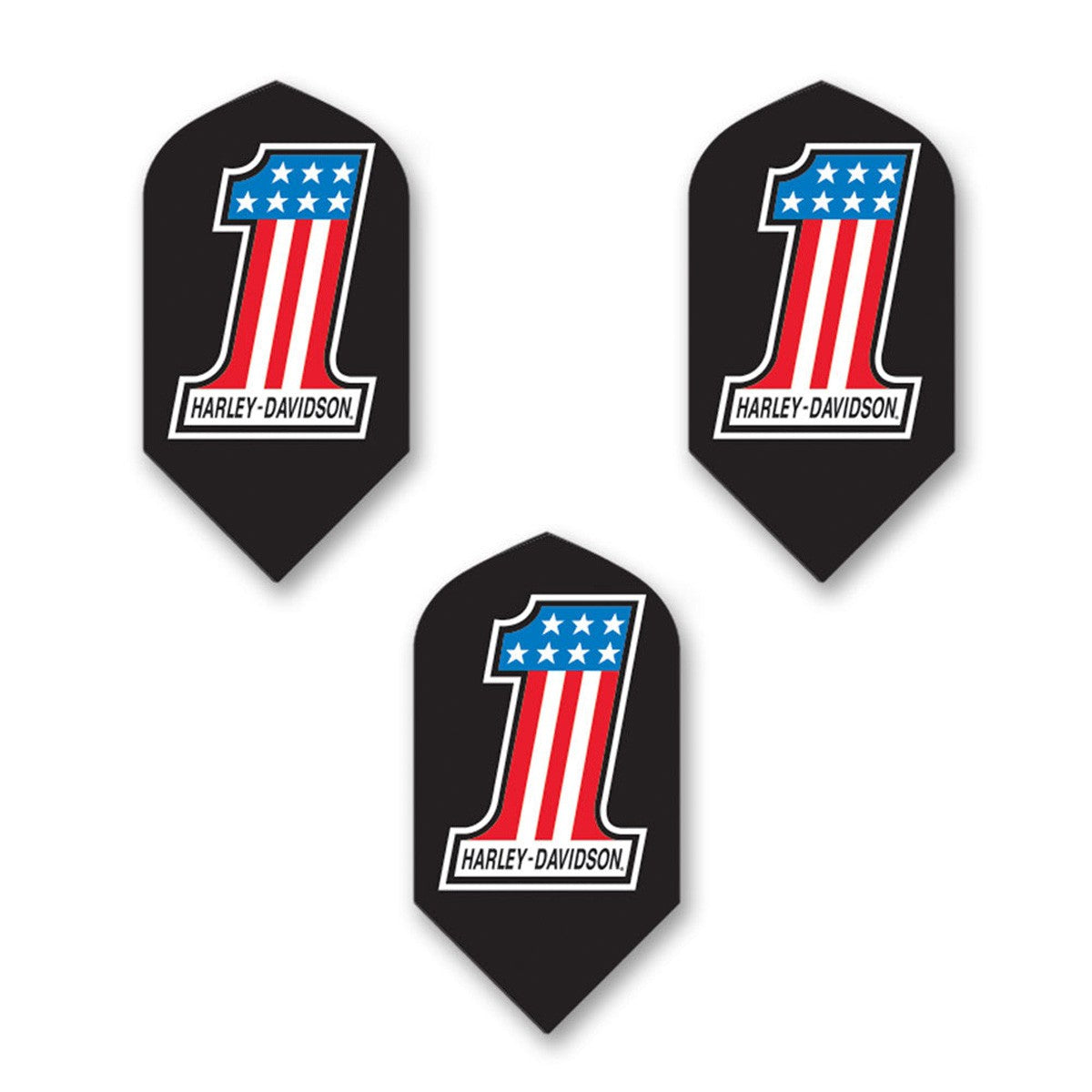 Three black dart flights with a number 1 and Harley Davidson branding in red and white.