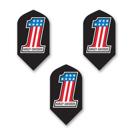 Three black dart flights with a number 1 and Harley Davidson branding in red and white.