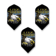 Three black dart flights from Harley Davidson with an eagle with writing "LIVE THE LEGDEND" 
