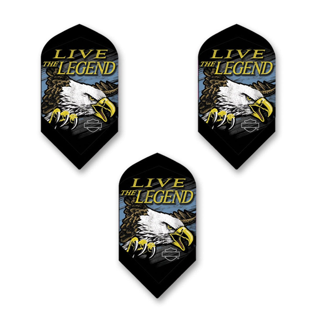 Three black dart flights from Harley Davidson with an eagle with writing "LIVE THE LEGDEND" 