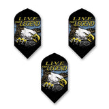 Three black dart flights from Harley Davidson with an eagle with writing "LIVE THE LEGDEND" 