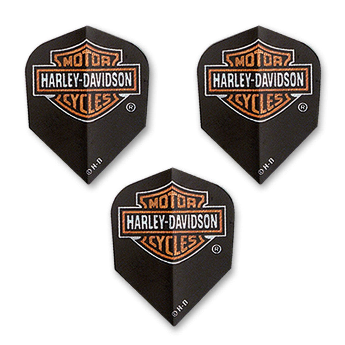 Three black Harley-Davidson dart flights arranged on a white background, each featuring the brand's signature orange and white shield logo.