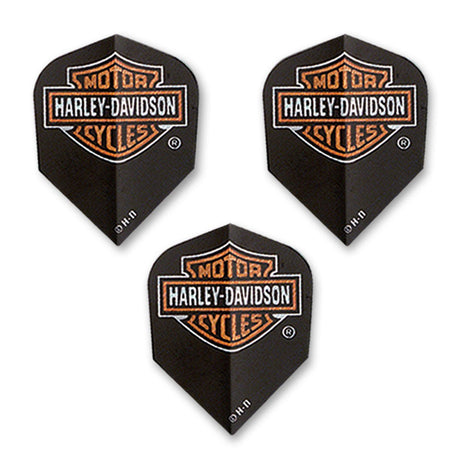 Three black Harley-Davidson dart flights arranged on a white background, each featuring the brand's signature orange and white shield logo.