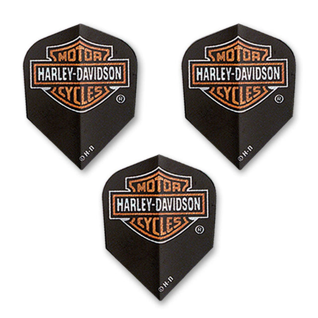 Three black Harley-Davidson dart flights arranged on a white background, each featuring the brand's signature orange and white shield logo.
