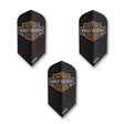 Three black dart flights with the Harley Davidson logo in orange and white.