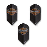 Three black dart flights with the Harley Davidson logo in orange and white.