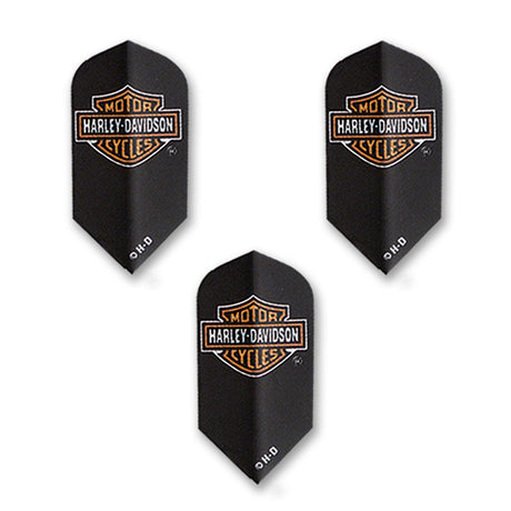 Three black dart flights with the Harley Davidson logo in orange and white.