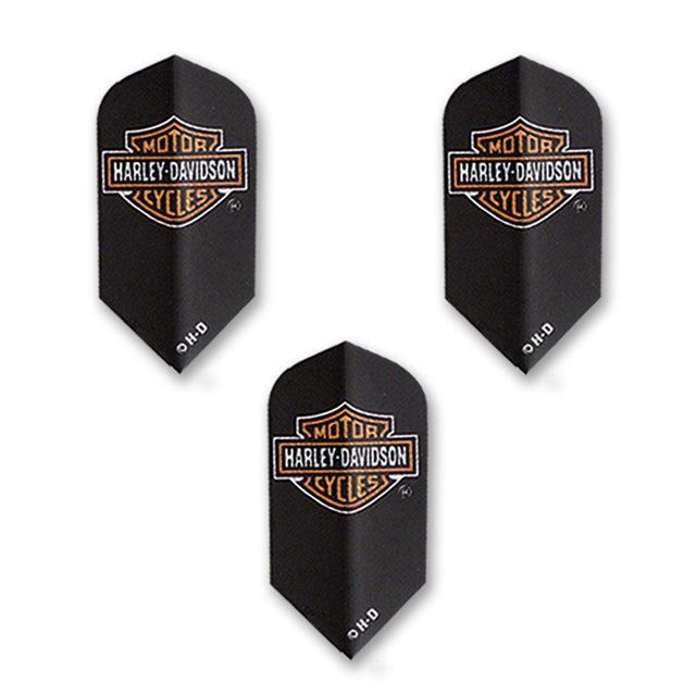 Three black dart flights with the Harley Davidson logo in orange and white.