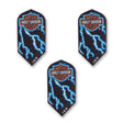 Three Harley-Davidson dart covers arranged on a white background, each featuring a black base with blue lightning bolts and the classic Harley-Davidson logo patch at the top.