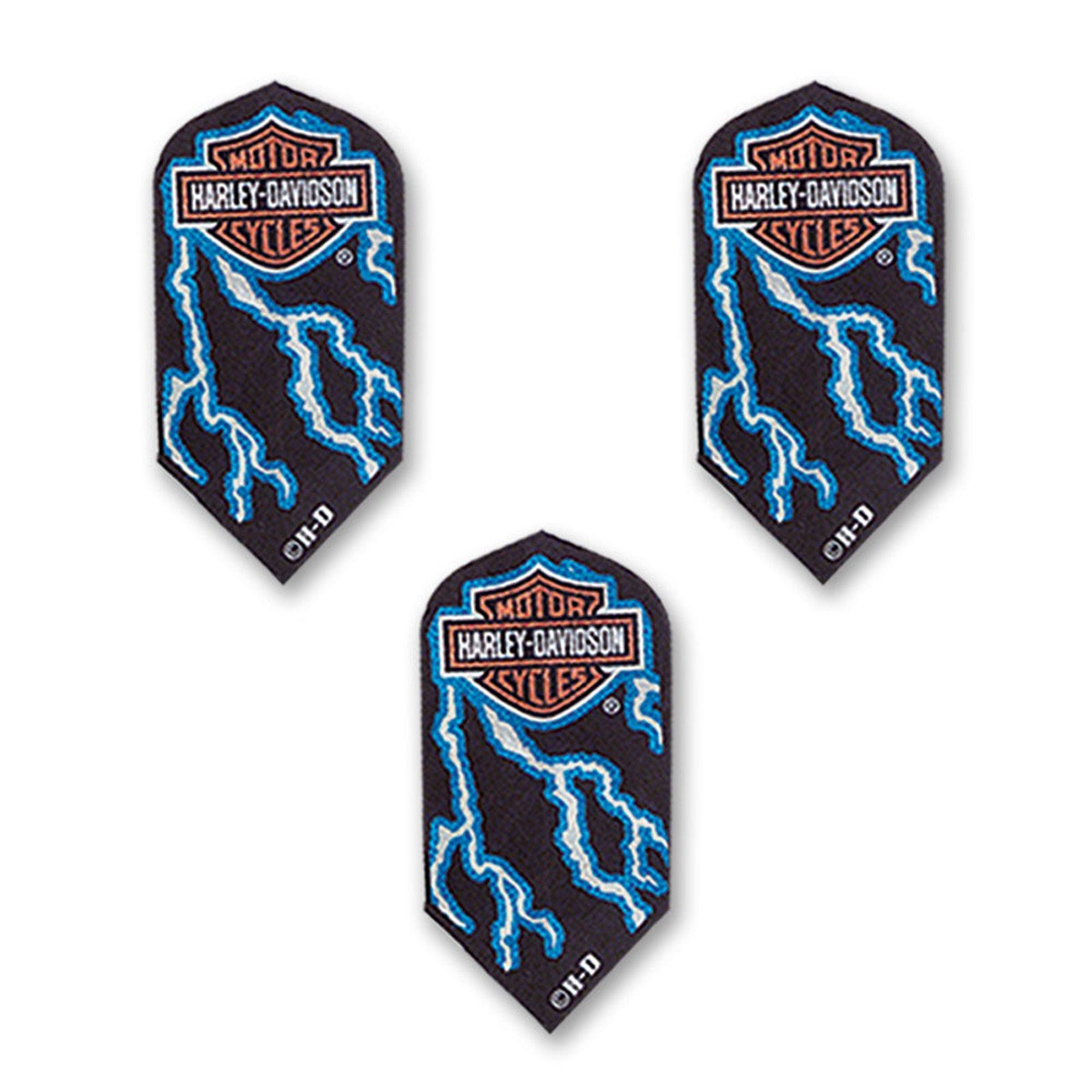 Three Harley-Davidson dart covers arranged on a white background, each featuring a black base with blue lightning bolts and the classic Harley-Davidson logo patch at the top.