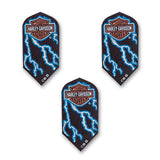 Three Harley-Davidson dart covers arranged on a white background, each featuring a black base with blue lightning bolts and the classic Harley-Davidson logo patch at the top.