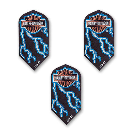 Three Harley-Davidson dart covers arranged on a white background, each featuring a black base with blue lightning bolts and the classic Harley-Davidson logo patch at the top.