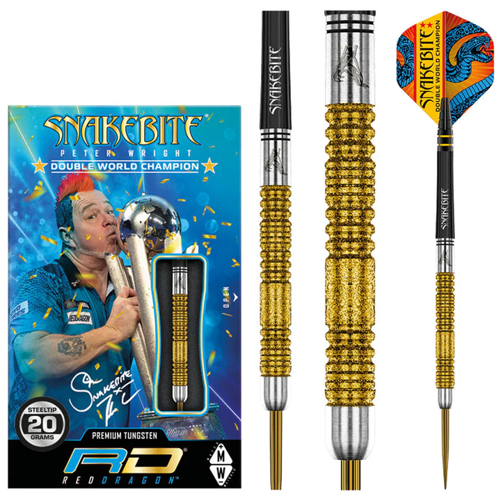 Peter Wright Snakebite Double World Champion SE Gold Plus 85% Tungsten Steel Tip Darts by Red Dragon - Product box and 3 dart barrels at various zoom levels.