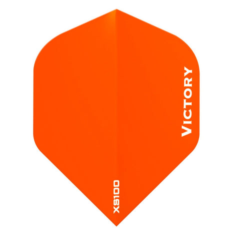 A single bright orange dart flight with white printed text reading 'VICTORY' vertically and 'XS100' near the bottom, shown on a plain white background.