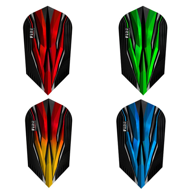 Four dart flight sets with black, red, green, and blue designs on a white background.