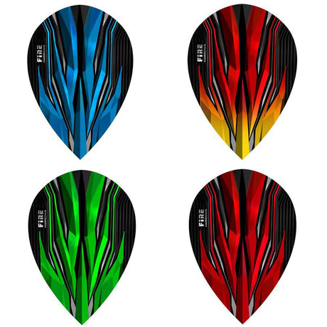 A set of four dart flights in different colors, each featuring a geometric pattern with the brand name 'Fire' printed on them.