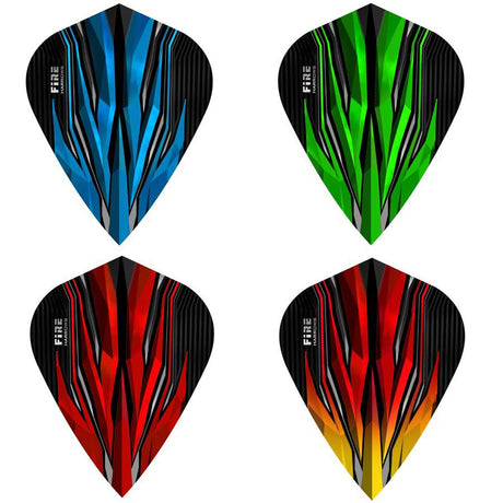Four darts with decorative flights shown in a 2x2 grid on a white background. The flights feature bold flame-like graphic patterns in blue, green, red, and red-to-yellow gradients, all with black and gray striping.