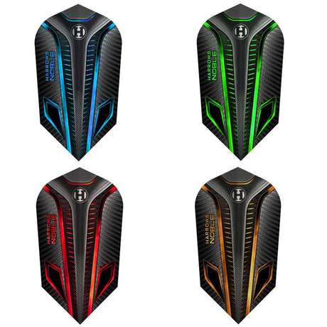 Four dart flights on a white background, each with a different colored accent line: blue, green, red, and orange. Brand logo at the top center by Harrows.