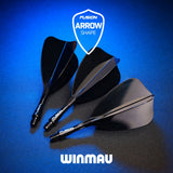 Three black dart flights arranged on a blue studio background, with a white shield logo reading FUSION ARROW SHAPE at the top and the brand name WINMAU at the bottom.